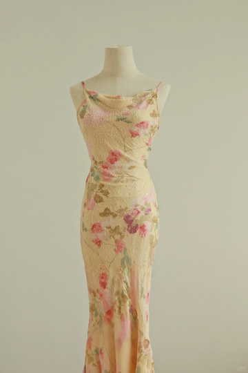 Retro Print Floral Mermaid Spaghetti Strap Beaded Chiffon Prom Dress Evening Dress HZ1023